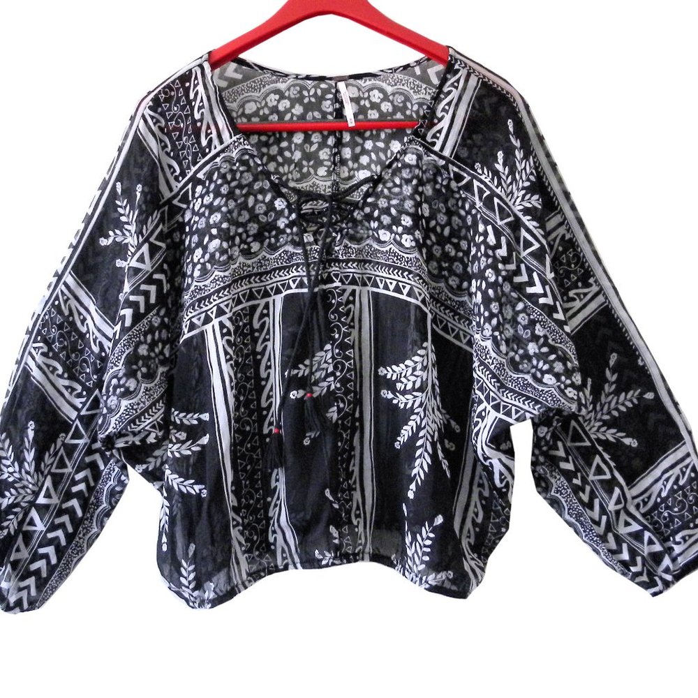 Free People Black Floral Cotton Boho Blouse M
